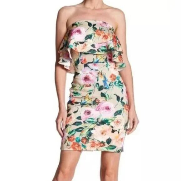 NWT Alexia Admor Strapless Floral Ruffle mini Dress women's size 10 (264) - Picture 1 of 6
